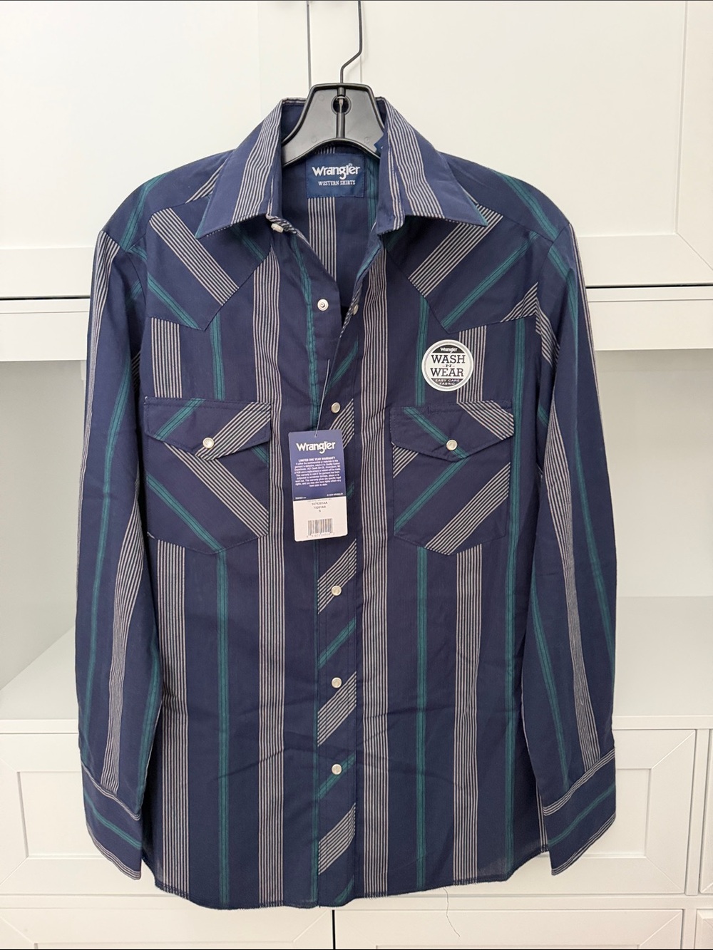 Wrangler Navy Shirt with Teal and White Stripes